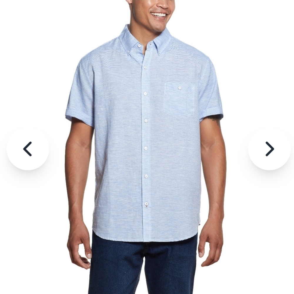 Men's Short Sleeve Linen Blend Blue Shirt - Weatherproof Vintage - L - Picture 1 of 12